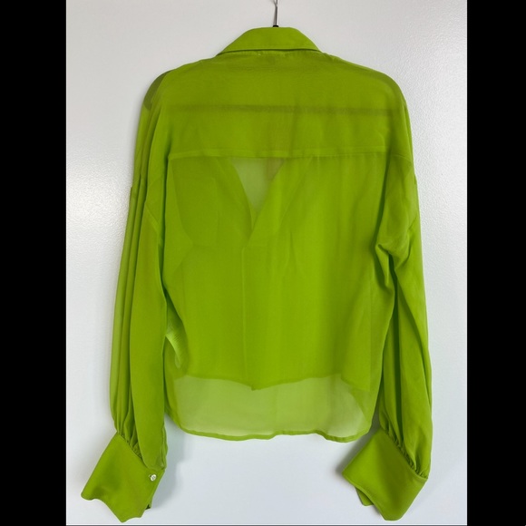 Jejia sheer cropped silk shirt, v-neck green. - Picture 3 of 6